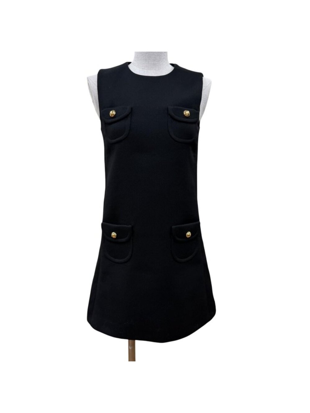 Celine Wool Silk Blend Triomphe Gold Button Sleeveless Dress Black 34